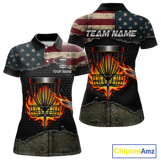 Womens disc golf polo shirt with USA flag design, custom name and number, athletic tournament jersey.