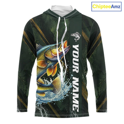 Personalized Hooded Walleye Fishing Jersey – Green Angler Shirt Custom Name, Fishing Gift For Men NHT876