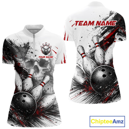 White short-sleeve bowling-themed polo shirt shown from front and back, with a skull, bowling pins, bowling ball, and red paint-splatter graphic. The front has a small skull logo and the text 'YOUR NAME' and 'TEAM NAME' on the chest.