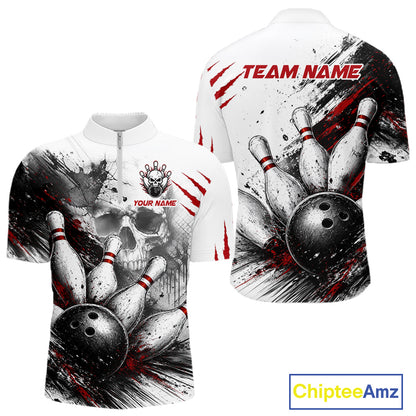 Front and back views of a customizable bowling-themed short-sleeve polo shirt. The shirt features a white base with a black and red all-over graphic print of bowling pins, bowling balls, and paint splatters, along with placeholder text 'TEAM NAME' and 'YOUR NAME'.