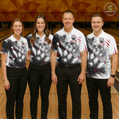 Women's Personalized Skull Bowling Tournament Shirt & Quarter Zip – Custom Name Team Jersey NHT1214