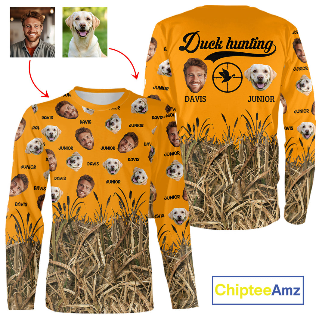 Custom Duck Hunting Shirt – Hunter & Dog Face and Name, Funny Personalized Gift NHT291
