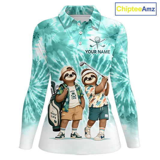 Funny Sloth Golf Polo Shirt For Womens –  Blue Tie Dye Custom Name Golf Shirt, Golf Gift NHT880