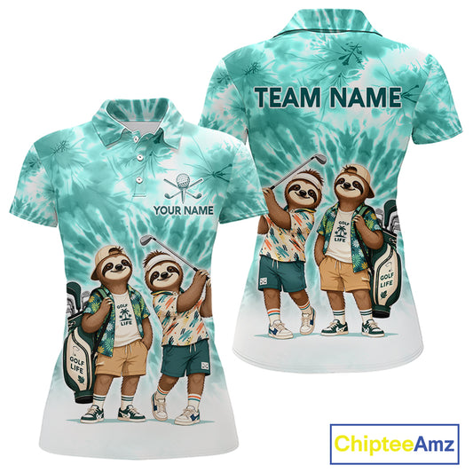 Funny Sloth Golf Polo Shirt For Womens –  Blue Tie Dye Custom Name Golf Shirt, Golf Gift NHT880