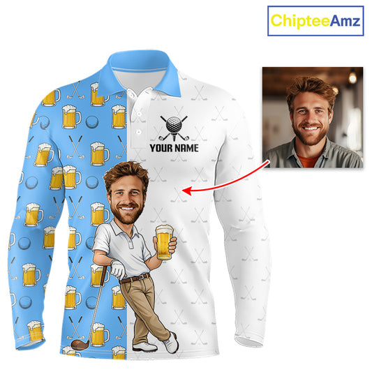 Custom Golf Polo With Face Funny Golfer Beer Lover Gift For Men|Blue NHT1044