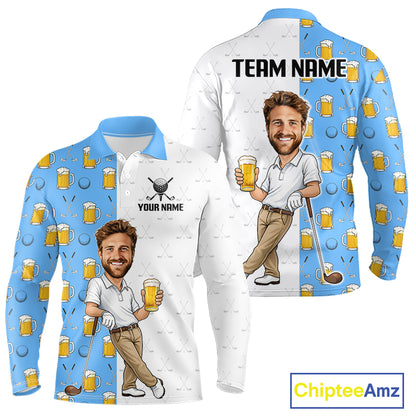 Custom Golf Polo With Face Funny Golfer Beer Lover Gift For Men|Blue 