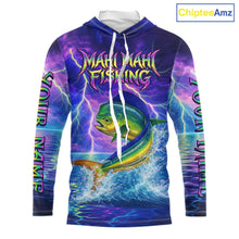 Load image into Gallery viewer, Custom Neon Pattern Mahi Mahi Hooded Fishing Shirts Long Sleeve, Fishing Shirt Jersey NHT534