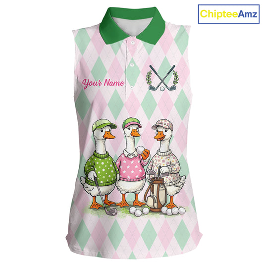 The Duck Family Golf Team – Personalized Matching Argyle Pattern Womens Sleeveless Polos Golf Shirt NHT723