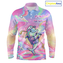 Load image into Gallery viewer, Funny Pastel Dolphin Mens Golf Polo Shirt Custom Ocean Golf Shirt, Polo Gift For Golf Lovers NHT897