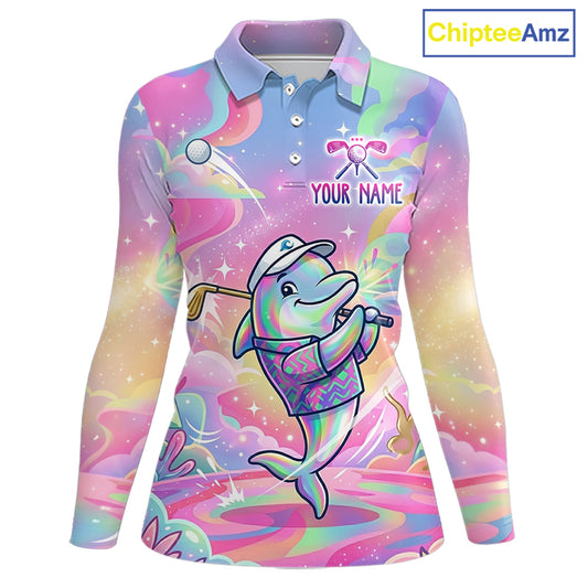 Funny Pastel Dolphin Womens Golf Polo Shirt Custom Ocean Golf Shirt, Polo Gift For Golf Lovers NHT897