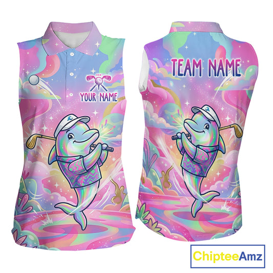 Funny Pastel Dolphin Womens Sleeveless Golf Polo Shirt Custom Ocean Golf Shirt, Polo Gift For Golf Lovers NHT897