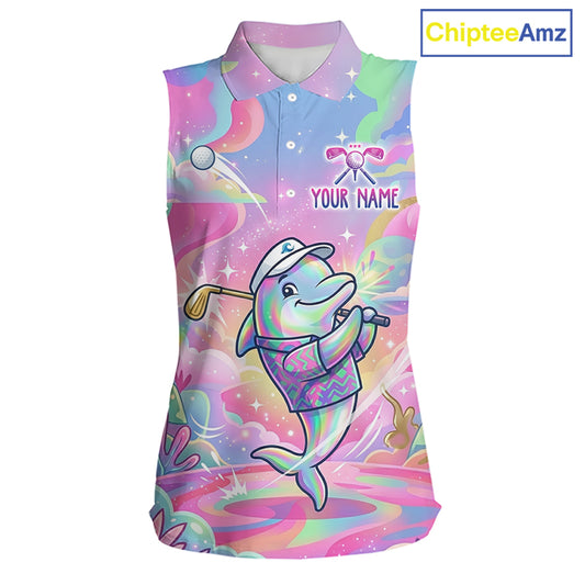 Funny Pastel Dolphin Womens Sleeveless Golf Polo Shirt Custom Ocean Golf Shirt, Polo Gift For Golf Lovers NHT897