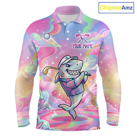 Funny Pastel Shark Mens Golf Polo Shirt Custom Ocean Golf Shirt, Polo Gift For Golf Lovers NHT898