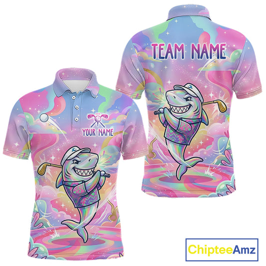 Funny Pastel Shark Mens Golf Polo Shirt Custom Ocean Golf Shirt, Polo Gift For Golf Lovers NHT898