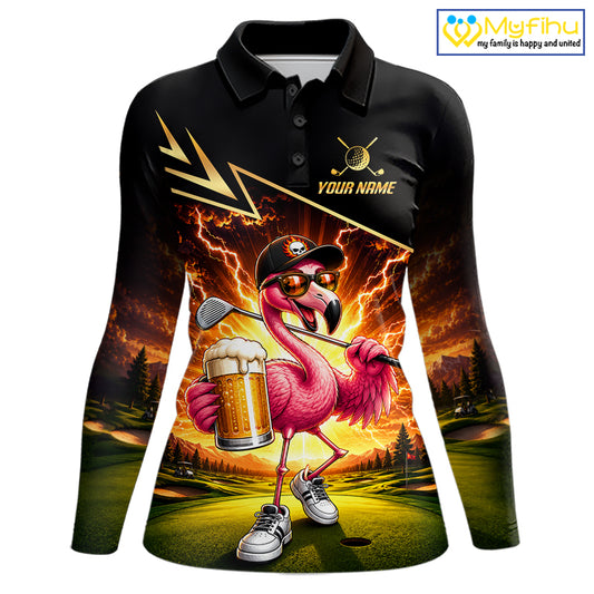 Funny Flamingo Womens Golf Polo Shirts Custom Golf And Beer Golf Apparel For Golfer NHT900