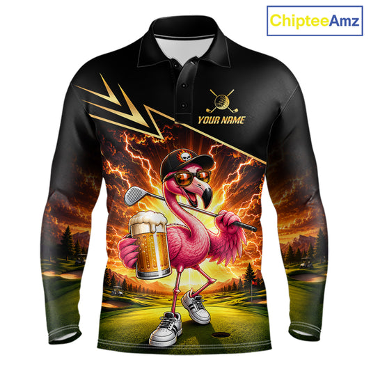 Funny Flamingo Mens Golf Polo Shirts Custom Golf And Beer Golf Apparel For Golfer NHT900