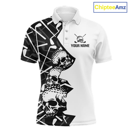 Custom Skull Mens Golf Polo Shirt Personalized Name, Golf Team Polo Jersey| Black 
