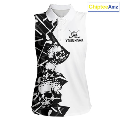 Custom Skull Womens Sleeveless Golf Polo Shirt Personalized Name, Golf Team Polo Jersey| Black 