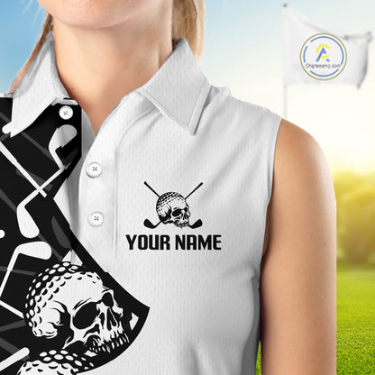 Custom Skull Womens Sleeveless Golf Polo Shirt Personalized Name, Golf Team Polo Jersey| Black NHT1060
