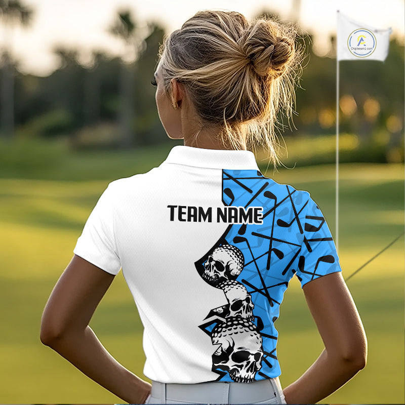 Custom Skull Womens Golf Polo Shirt Personalized Name, Golf Team Polo Jersey| Blue 