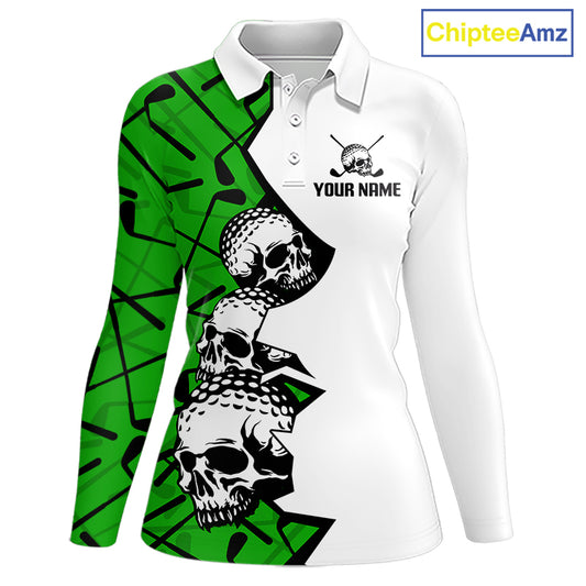 Custom Skull Womens Golf Polo Shirt Personalized Name, Golf Team Polo Jersey| Green 
