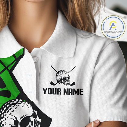Custom Skull Womens Golf Polo Shirt Personalized Name, Golf Team Polo Jersey| Green NHT1062