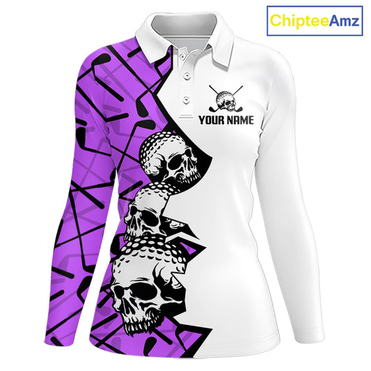 Custom Skull Womens Golf Polo Shirt Personalized Name, Golf Team Polo Jersey| Purple 