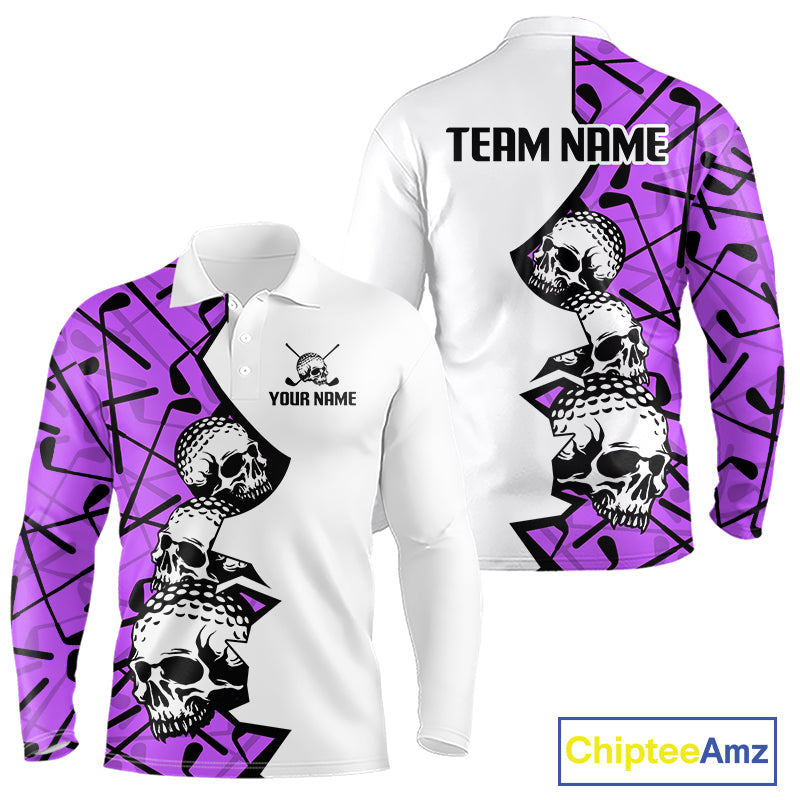 Custom Skull Mens Golf Polo Shirt Personalized Name, Golf Team Polo Jersey| Purple 