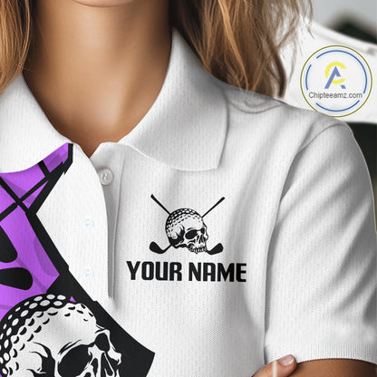 Custom Skull Womens Golf Polo Shirt Personalized Name, Golf Team Polo Jersey| Purple 