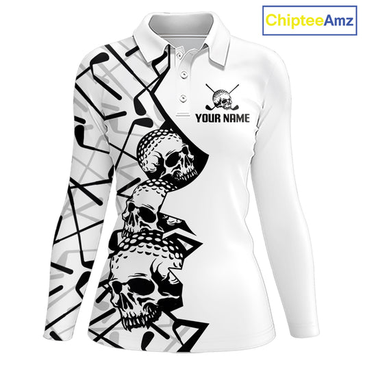Custom Skull Womens Golf Polo Shirt Personalized Name, Golf Team Polo Jersey| White 