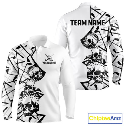 Custom Skull Mens Golf Polo Shirt Personalized Name, Golf Team Polo Jersey| White 