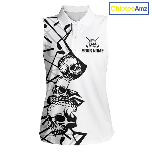 Custom Skull Womens Sleeveless Golf Polo Shirt Personalized Name, Golf Team Polo Jersey| White 