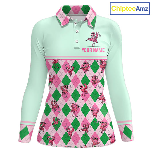 A women's long-sleeve polo shirt with a mint green base, featuring a pink and green argyle pattern with cartoon flamingos on the lower half and sleeves, a pink and green argyle collar, and a customizable name print on the chest.