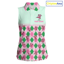 Load image into Gallery viewer, Personalized Pink Argyle Womens Sleeveless Golf Polo Custom Name Flamingo Mint Green Preppy Team Outfits NHT1227