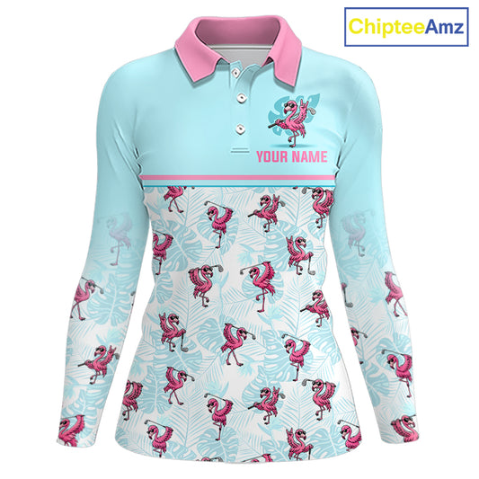 A long-sleeve polo shirt with a light blue body, pink collar, and pink flamingo pattern with palm leaves. It features a customizable name print on the chest and a cartoon flamingo graphic on the upper right chest.