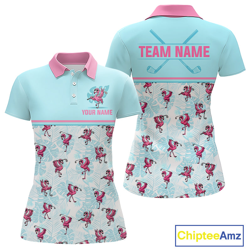 Custom Flamingo Womens Golf Polo Shirt Personalized Name & Team Outfits Light Blue Pink Preppy Golf Shirt NHT1229
