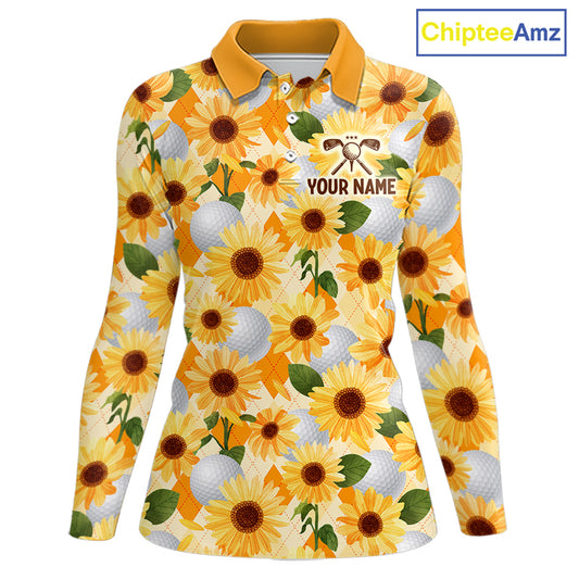 Personalized Sunflower Womens Golf Polo Shirt Custom Name Floral Golf Polo For Women 