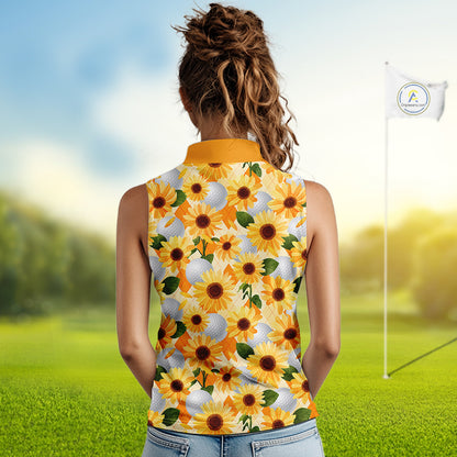 Personalized Sunflower Womens Sleeveless Golf Polo Shirt Custom Name Floral Golf Polo For Women 