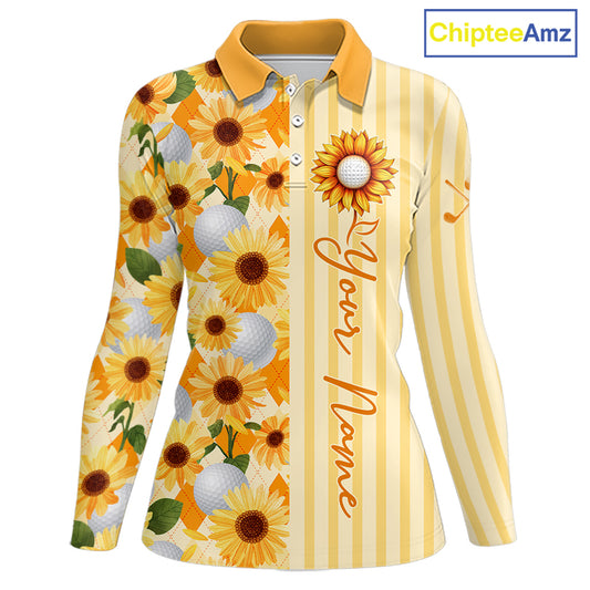 Personalized Sunflower Womens Golf Polo Shirt Custom Name Golf Ball Floral Polo Shirt 