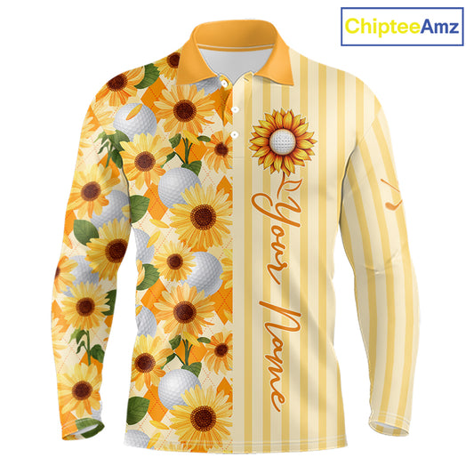 Personalized Sunflower Mens Golf Polo Shirt Custom Name Golf Ball Floral Polo Shirt 