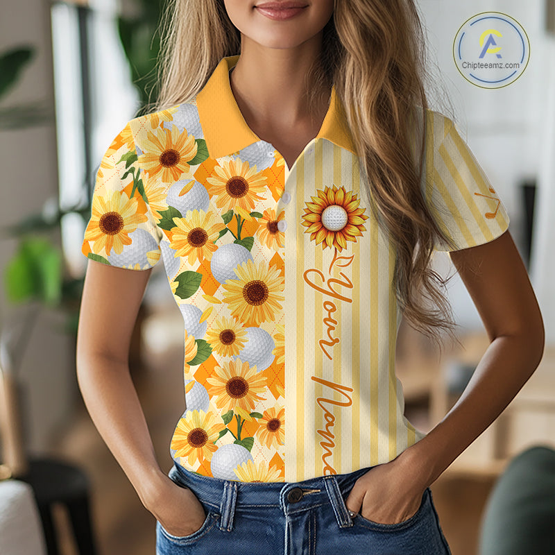 Personalized Sunflower Womens Golf Polo Shirt Custom Name Golf Ball Floral Polo Shirt 