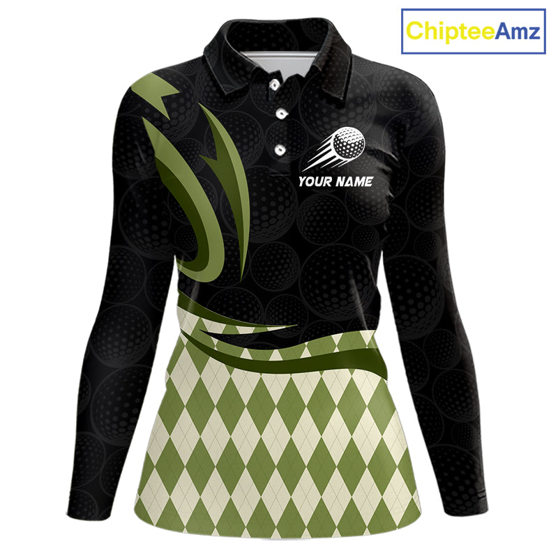 Personalized Womens Golf Polo Shirt Custom Name, Black Green Argyle Golf Team Polo 