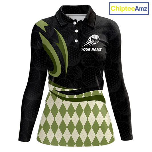 Personalized Womens Golf Polo Shirt Custom Name, Black Green Argyle Golf Team Polo 