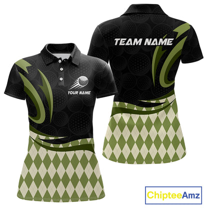 Personalized Womens Golf Polo Shirt Custom Name, Black Green Argyle Golf Team Polo 