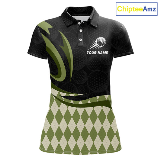 Personalized Womens Golf Polo Shirt Custom Name, Black Green Argyle Golf Team Polo 