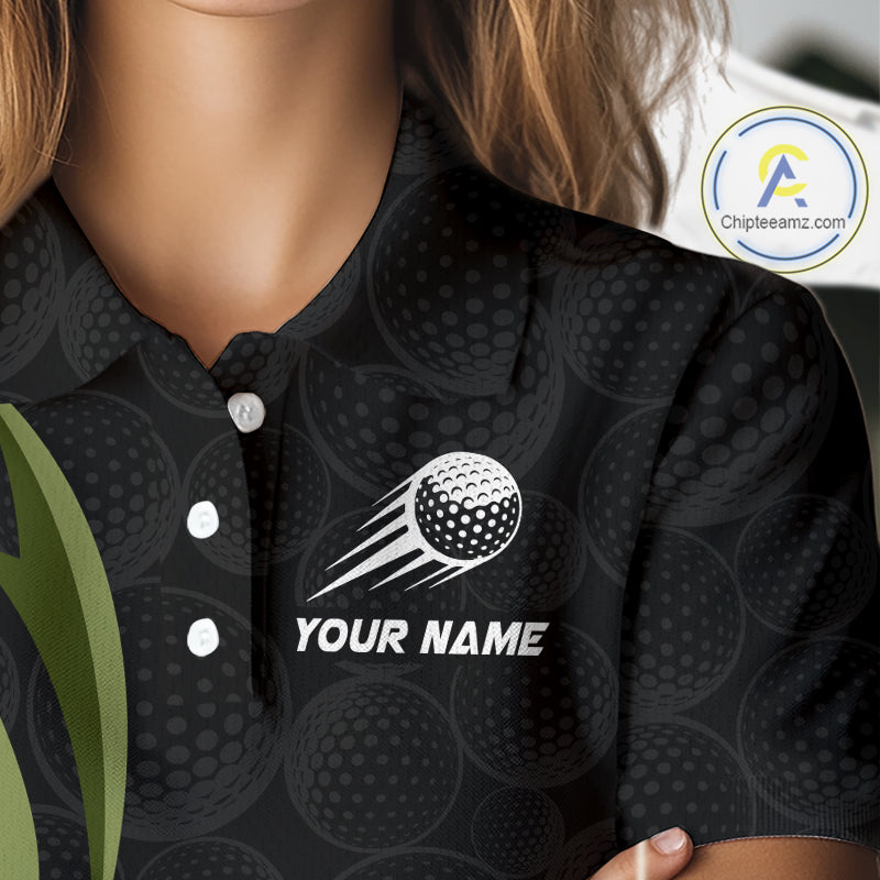 Personalized Womens Golf Polo Shirt Custom Name, Black Green Argyle Golf Team Polo NHT1074