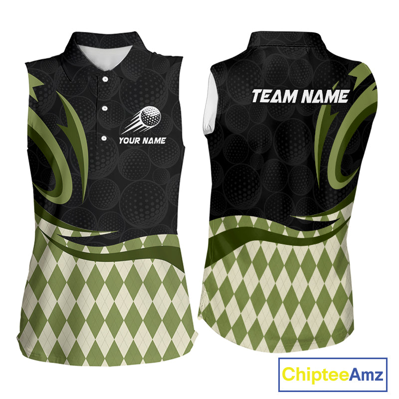 Personalized Womens Sleeveless Golf Polo Shirt Custom Name, Black Green Argyle Golf Team Polo 