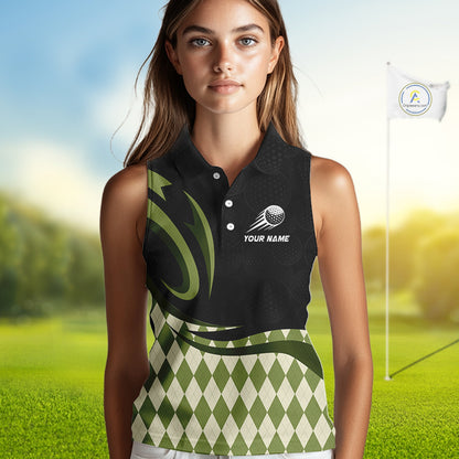 Personalized Womens Sleeveless Golf Polo Shirt Custom Name, Black Green Argyle Golf Team Polo 