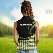 Load image into Gallery viewer, Personalized Womens Sleeveless Golf Polo Shirt Custom Name, Black Green Argyle Golf Team Polo 