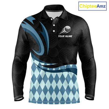 Personalized Mens Golf Polo Shirt Custom Name, Black Blue Argyle Golf Team Polo 